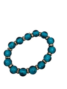 Teal Glass Bead Stretch Bracelet with Silver Accents